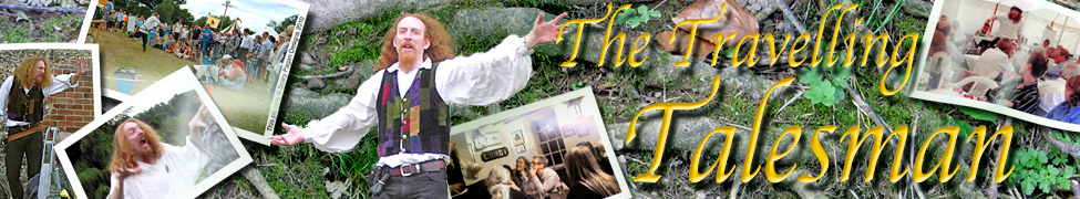 The Travelling Talesman banner featuring pictures of the Talesman in action scattered as postcards on a leafy forest floor